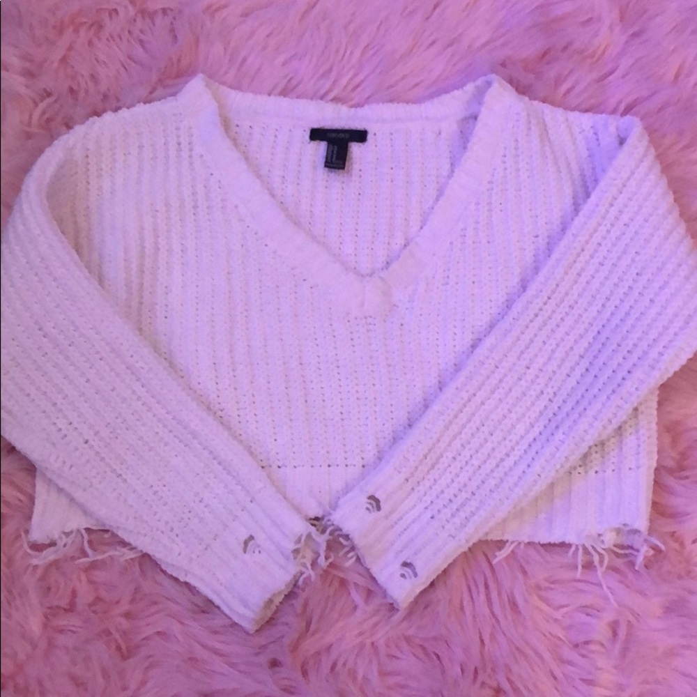 Forever 21- cropped white tattered knitted sweater